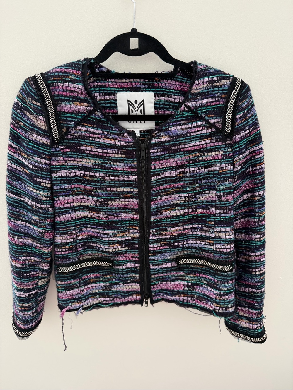 Milly Multi-Striped Tweed Zip Jacket with Chain Trim